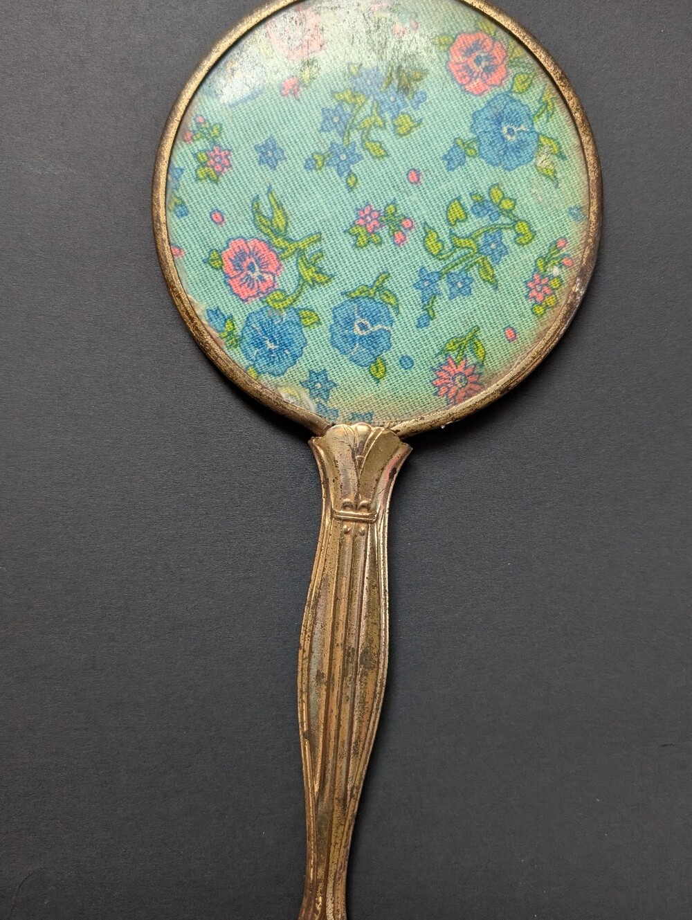 Vintage Floral Hand Mirror with Blue Fabric Backing